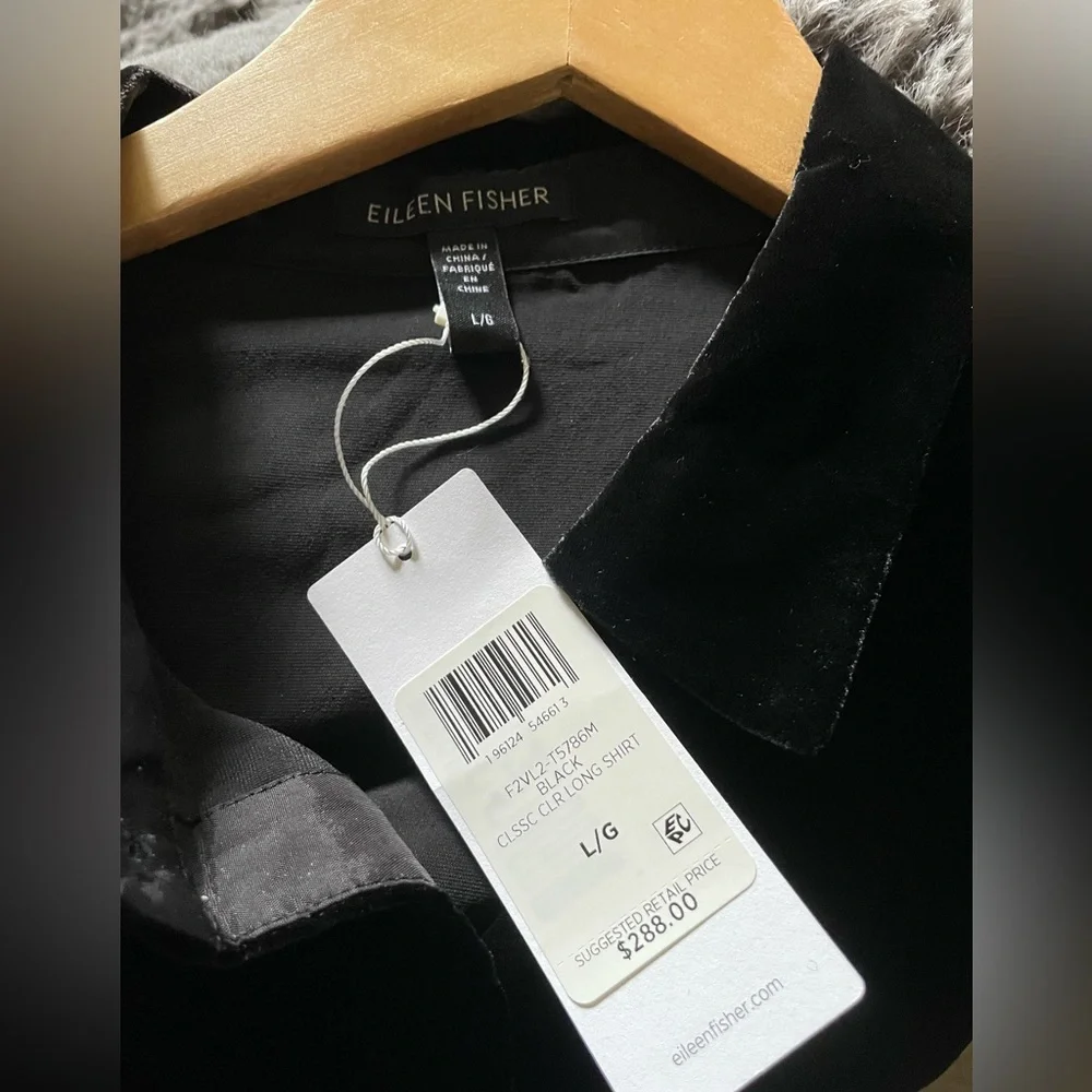 Eileen Fisher Classic Collar long shirt Black Velvet Size L NWT - Picture 2 of 3